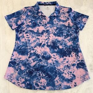 Scales Gear Women's Large Performance Golf Polo Blue Pink Floral Stretch Shirt L